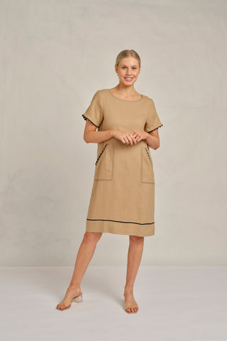 Chiara Wave Linen Dress in Latte