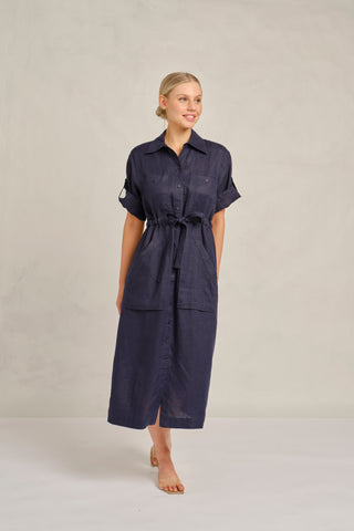 Caden Linen Dress in Navy