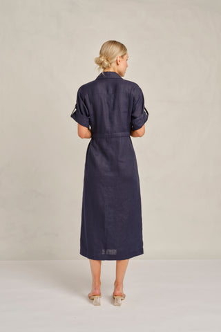 Caden Linen Dress in Navy