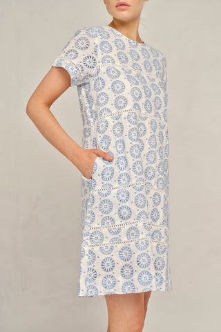 Claudette Linen Broidery Dress in Bluebell Posy