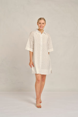 Aurienne Linen Broidery Dress in White Posy