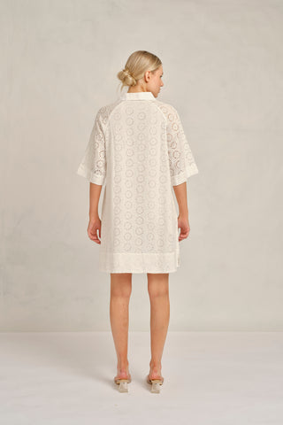 Aurienne Linen Broidery Dress in White Posy