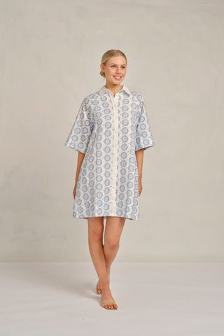 Aurienne Linen Broidery Dress in Bluebell Posy