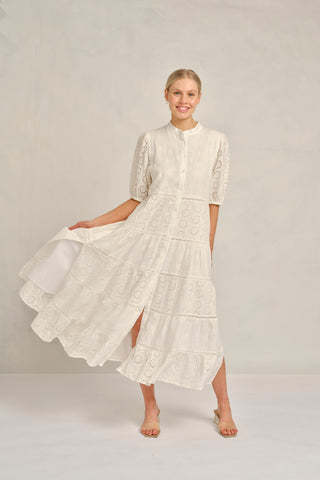 Martina Linen Broidery Dress in White Posy