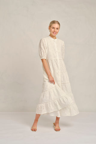 Martina Linen Broidery Dress in White Posy