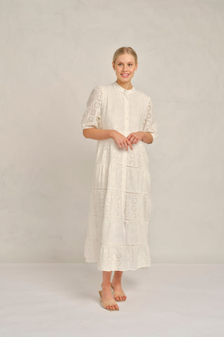 Martina Linen Broidery Dress in White Posy