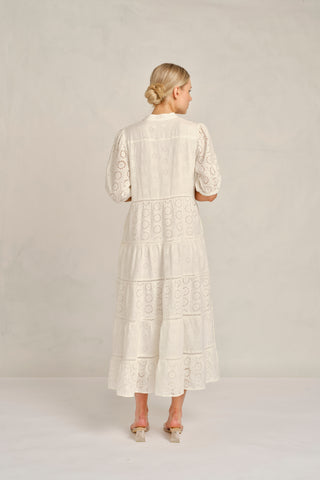 Martina Linen Broidery Dress in White Posy