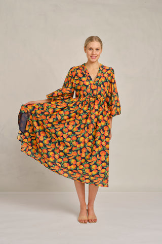 Nella Cotton Silk Dress in Navy Valencia Print