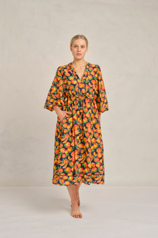 Nella Cotton Silk Dress in Navy Valencia Print