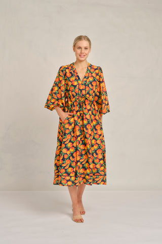 Nella Cotton Silk Dress in Navy Valencia Print