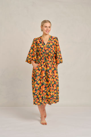 Nella Cotton Silk Dress in Navy Valencia Print