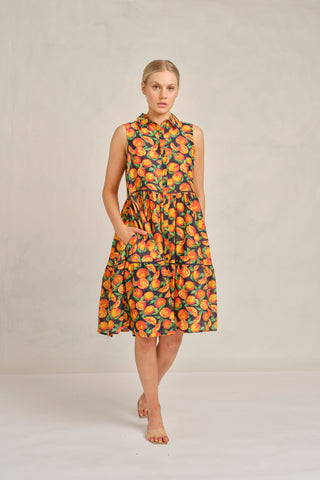 Gigi Cotton Silk Dress in Navy Valencia Print