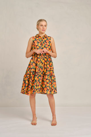 Gigi Cotton Silk Dress in Navy Valencia Print