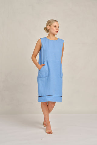 Chiara Sleeveless Linen Dress In Cornflower