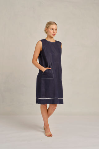 Chiara Sleeveless Linen Dress In Navy