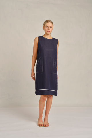 Chiara Sleeveless Linen Dress In Navy