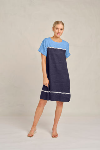 Laine Linen Wave Dress In Navy