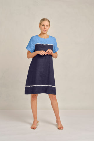 Laine Linen Wave Dress In Navy