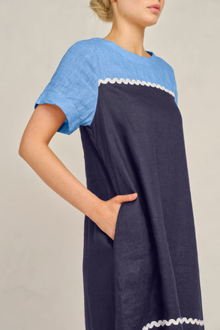 Laine Linen Wave Dress In Navy