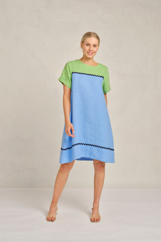 Laine Linen Wave Dress In Cornflower