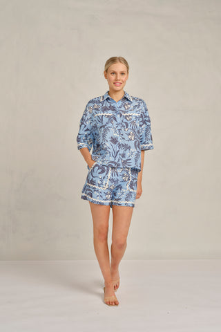 Pippa Wave Linen Shirt in Cornflower Paradise Print