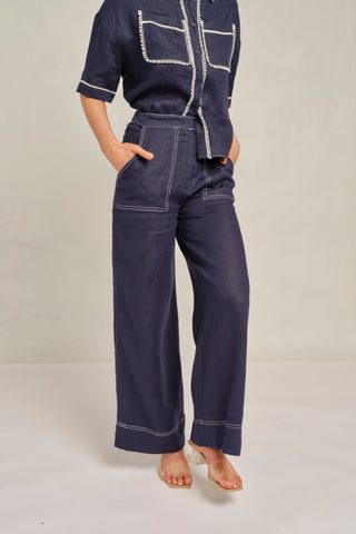 Clio Linen Pant in Navy/White