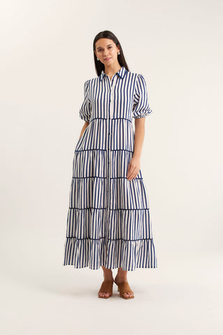 Marlow Bretton Linen Dress In Navy/White