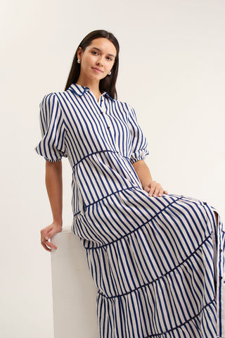 Marlow Bretton Linen Dress In Navy/White