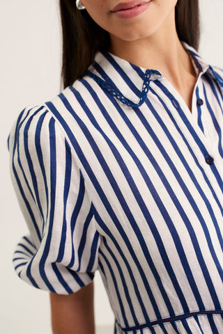 Marlow Bretton Linen Dress In Navy/White