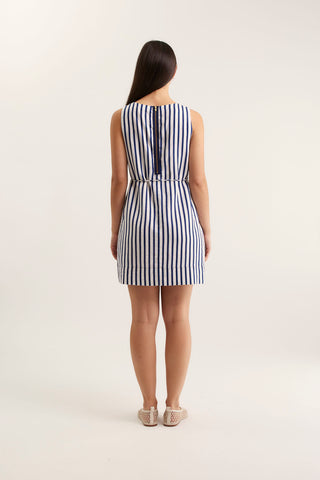 Rommy Bretton Linen Dress In Navy/White