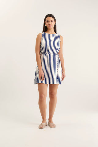 Rommy Bretton Linen Dress In Navy/White