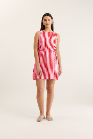 Rommy Bretton Linen Dress In Pink/Red