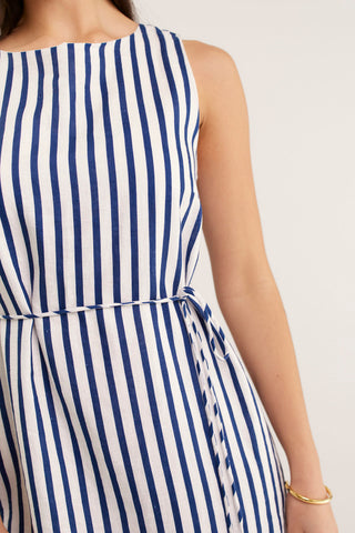 Rommy Bretton Linen Dress In Navy/White