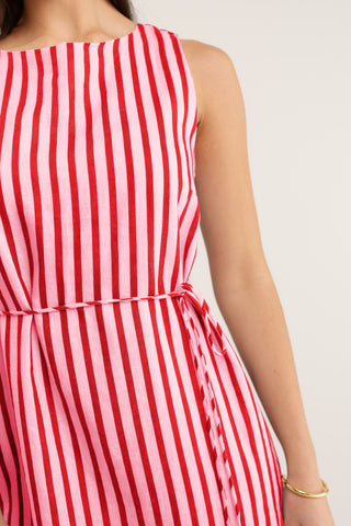 Rommy Bretton Linen Dress In Pink/Red