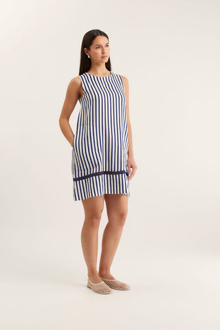 Ginger Bretton Linen Dress In Navy/White