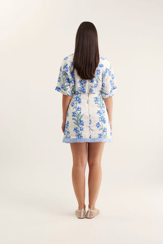 Saskia Linen Skirt  In Blue Vine Print