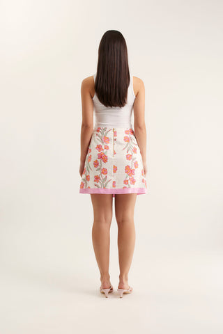 Saskia Linen Skirt  In Pink Vine Print