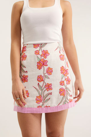 Saskia Linen Skirt  In Pink Vine Print