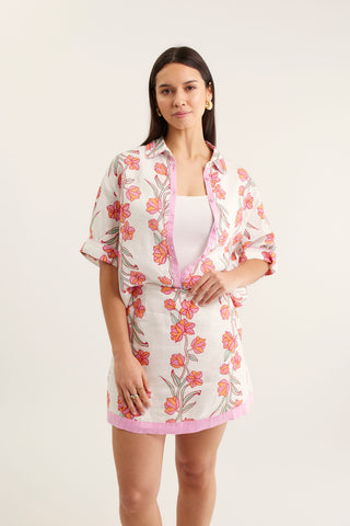 Saskia Linen Skirt  In Pink Vine Print