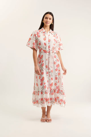 Emma Linen Dress In Pink Vine Print