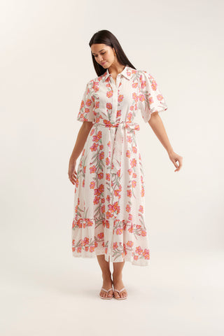 Emma Linen Dress In Pink Vine Print