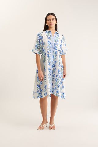 Maxine Linen Dress In Blue Vine Print