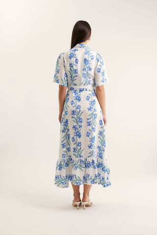 Emma Linen Dress In Blue Vine Print