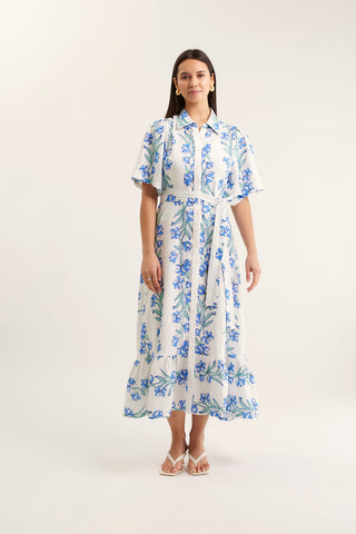 Emma Linen Dress In Blue Vine Print