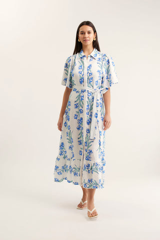 Emma Linen Dress In Blue Vine Print