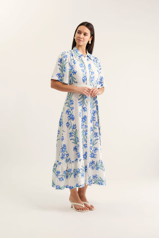 Emma Linen Dress In Blue Vine Print