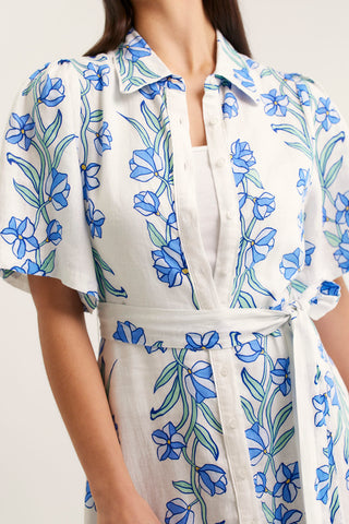 Emma Linen Dress In Blue Vine Print