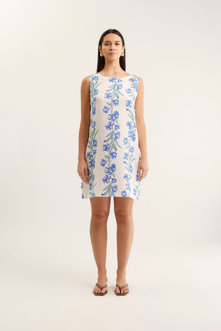 Lola Linen Dress In Blue Vine Print