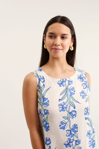 Lola Linen Dress In Blue Vine Print