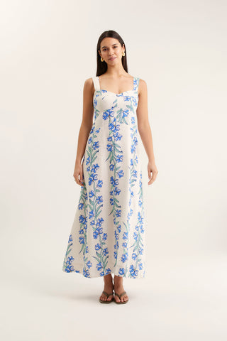Simmie Linen Dress In Blue Vine Print